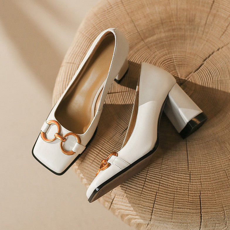 Faigy Square Toe Gold Chain Heels White NEW GEW