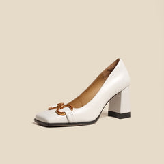 Faigy Square Toe Gold Chain Heels White NEW GEW