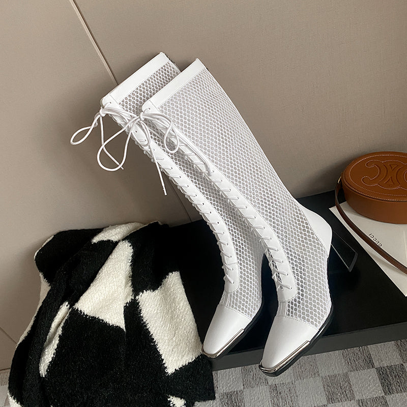 Calliope Summer Mesh Heeled Lace Up Knee High Boots Newgew