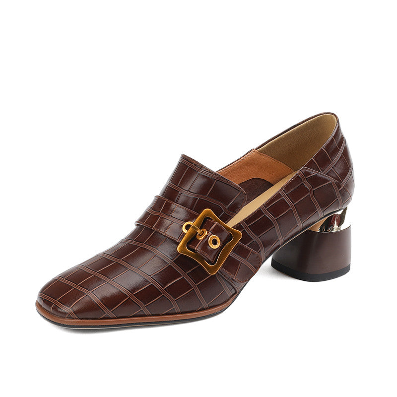 Israa Crocodile Mid Heel Loafers Brown newgew