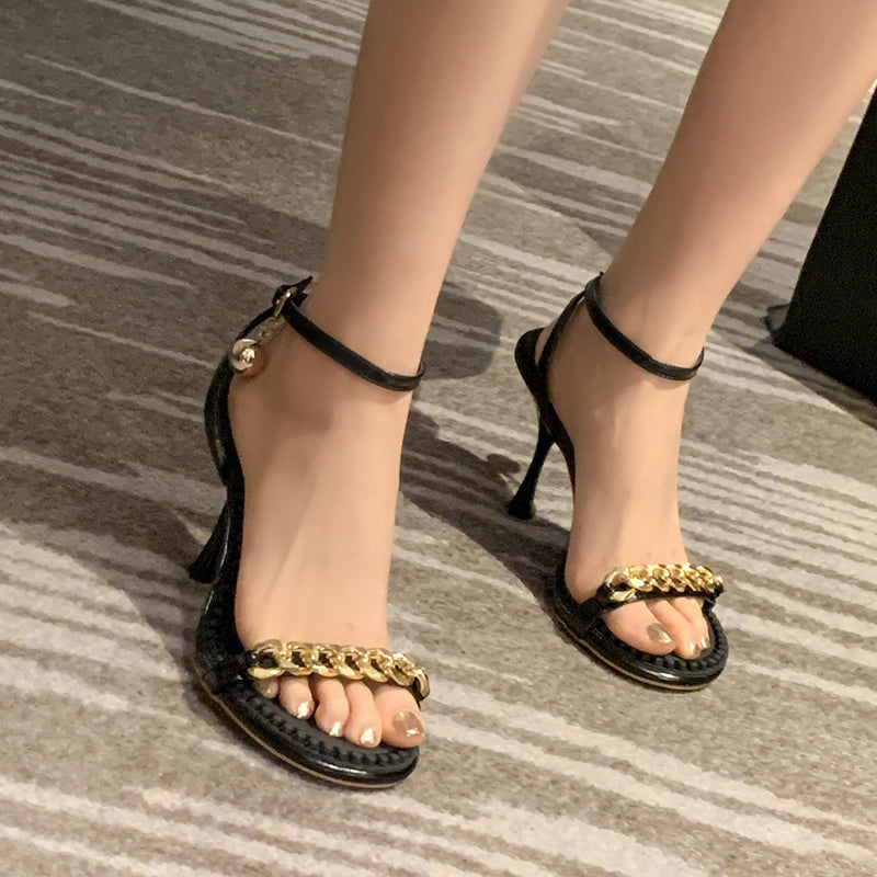 Ilana Black Ankle Strap Sandals Heels with Gold Chain Newgew