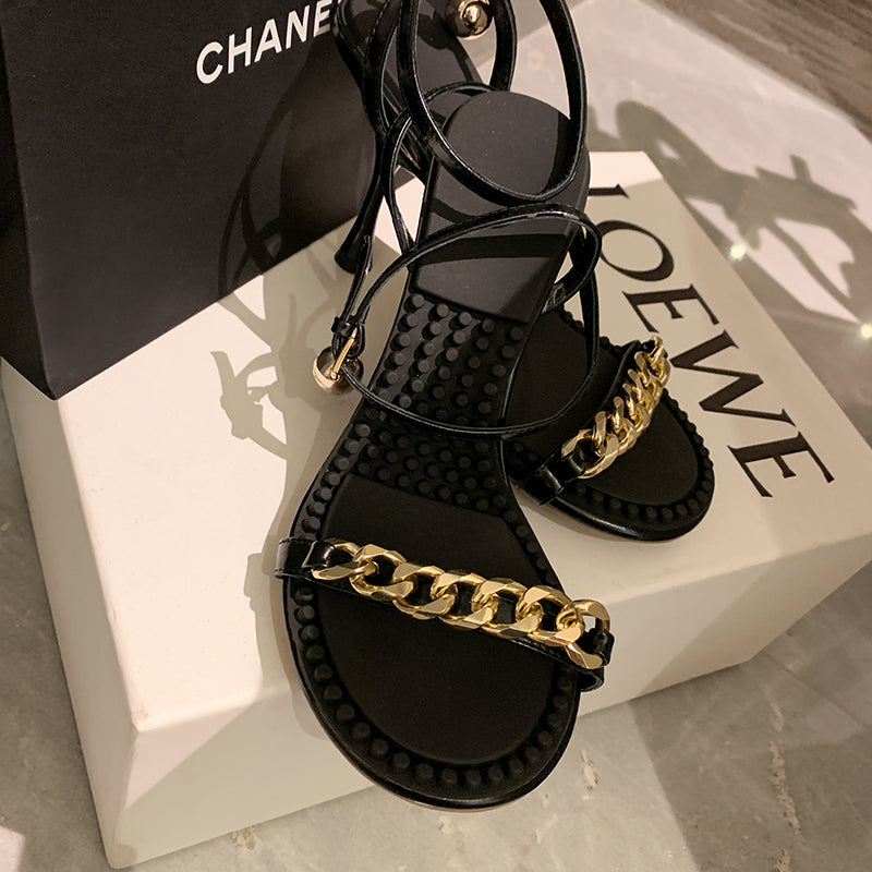 Ilana Black Ankle Strap Sandals Heels with Gold Chain Newgew