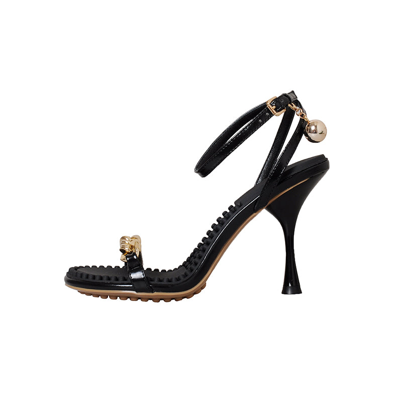 Ilana Black Ankle Strap Sandals Heels with Gold Chain Newgew