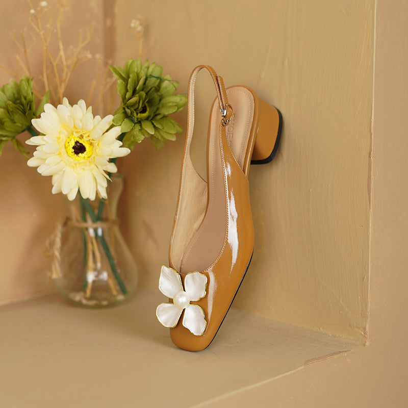 Ellie Low Heel Slingback Pumps with Floral Decor NEW GEW