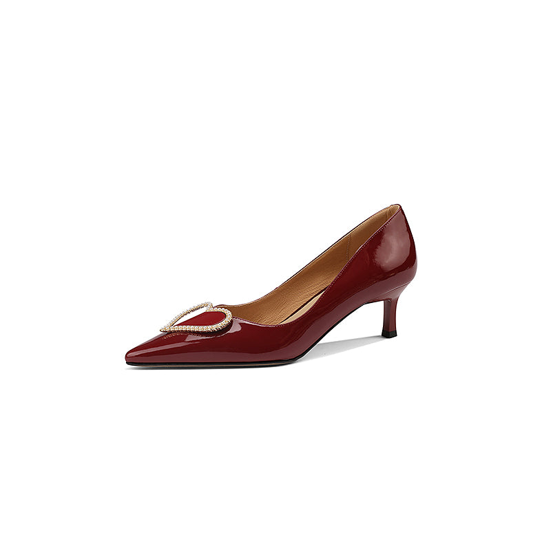 Hailey Patent Leather Pointy Toe Handmade Kitten Heels with Heart Decor Newgew