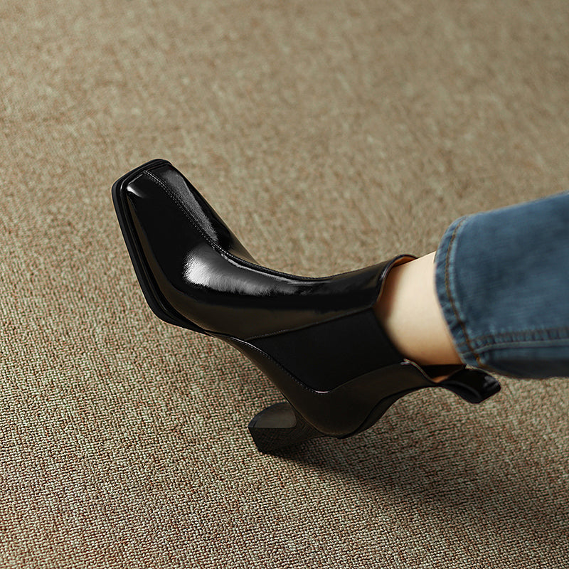 Hanna Black Square Toe Ankle Boots with Heels Newgew