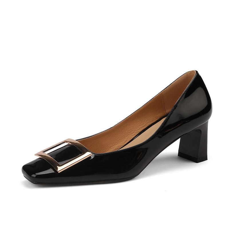 Hadley Patent Leather Square Toe Handmade Low Heels with Square Buckle Newgew