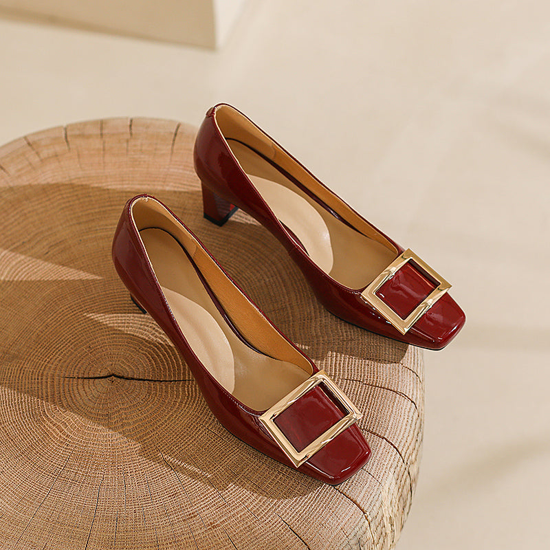 Hadley Patent Leather Square Toe Handmade Low Heels with Square Buckle Newgew