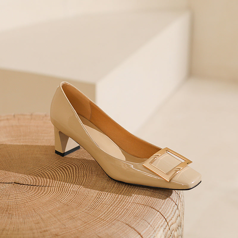Hadley Patent Leather Square Toe Handmade Low Heels with Square Buckle Newgew