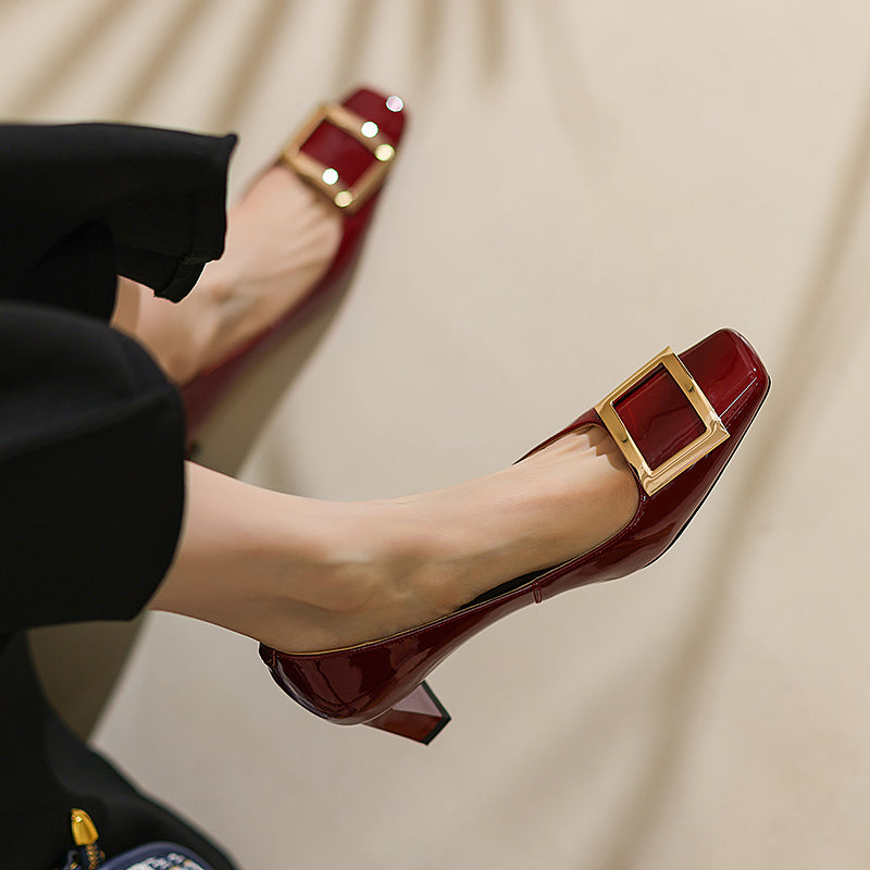 Hadley Patent Leather Square Toe Handmade Low Heels with Square Buckle Newgew