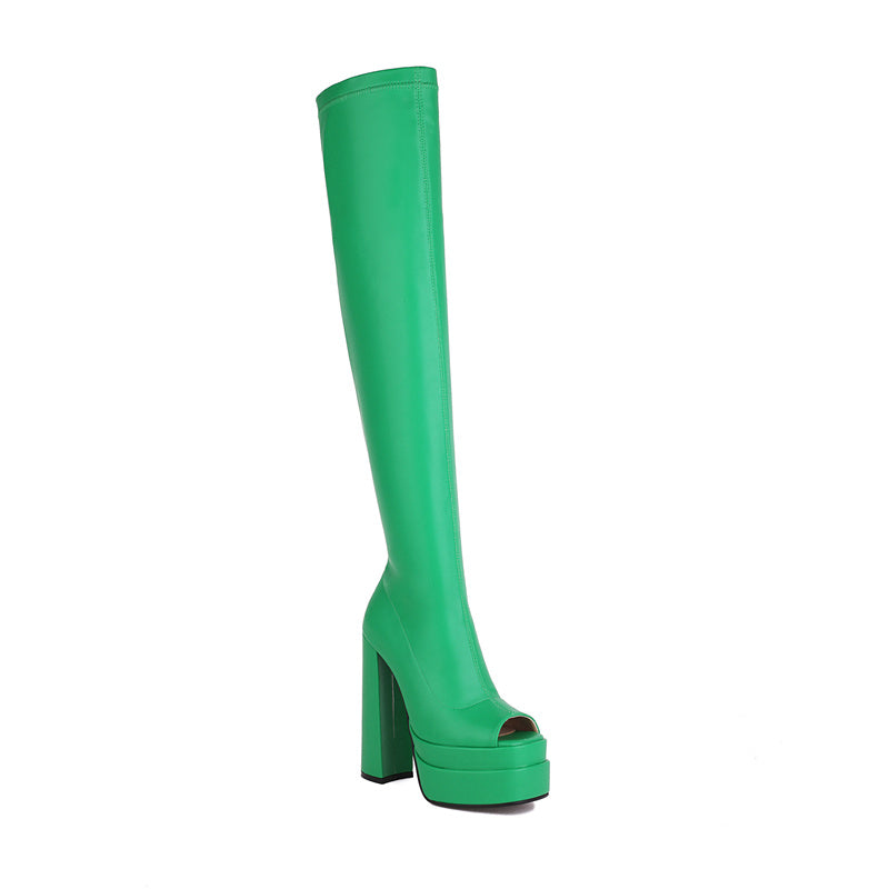Goldy Open Toe Green Thigh High Boots Newgew