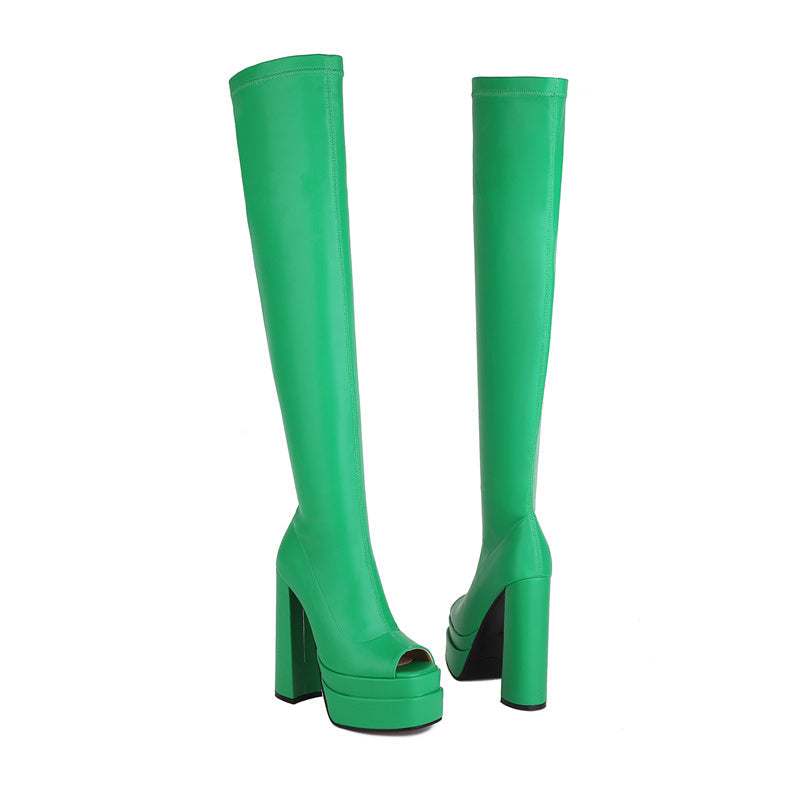 Goldy Open Toe Green Thigh High Boots Newgew