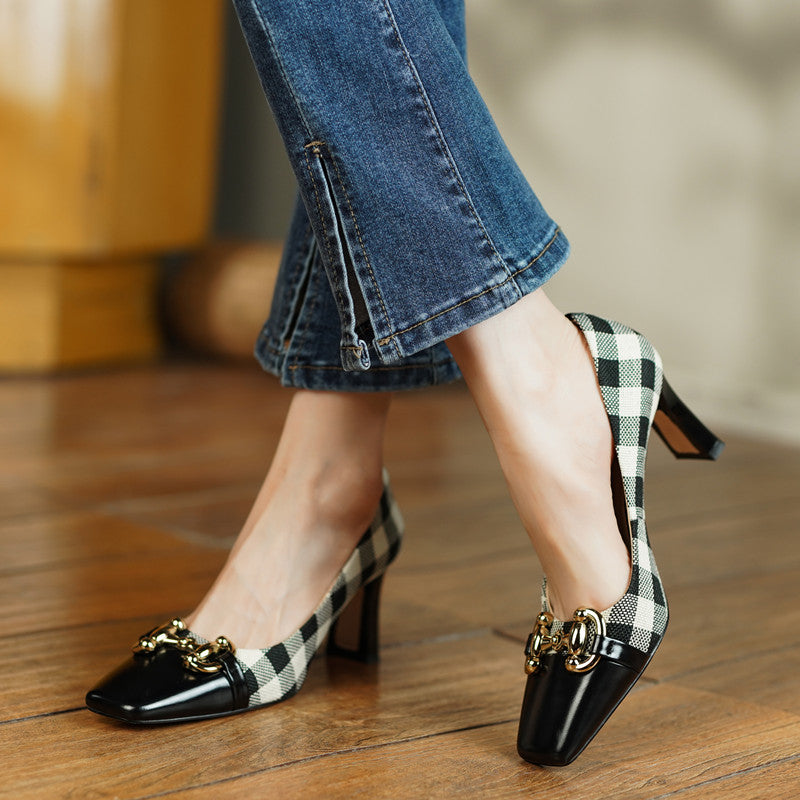 Dana Plaid Patchwork Mid Heel Slip on Pumps NEW GEW