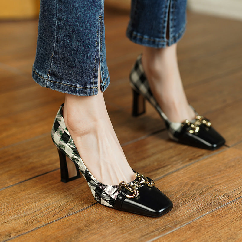 Dana Plaid Patchwork Mid Heel Slip on Pumps NEW GEW