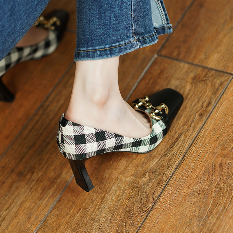 Dana Plaid Patchwork Mid Heel Slip on Pumps NEW GEW