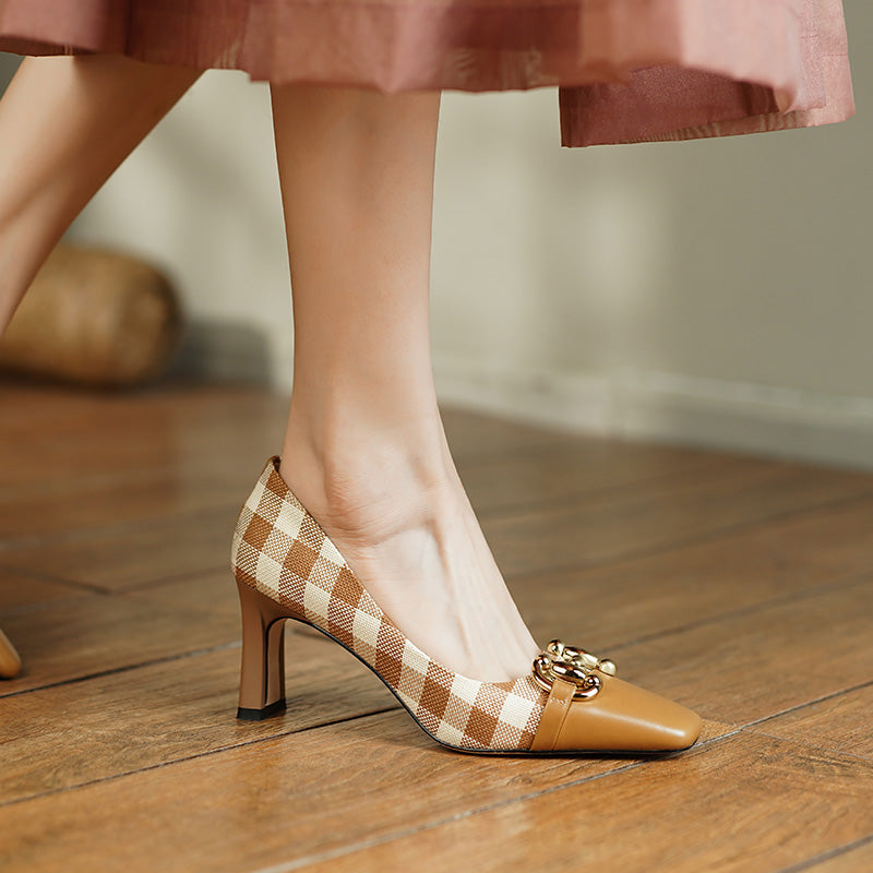 Dana Plaid Patchwork Mid Heel Slip on Pumps NEW GEW