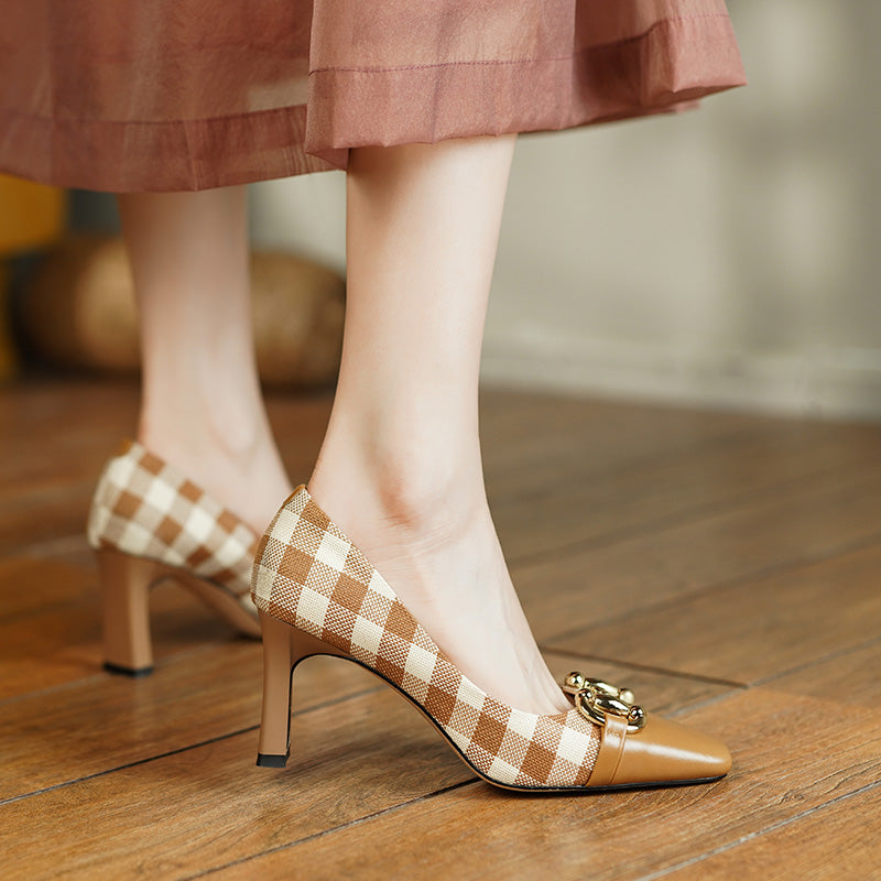 Dana Plaid Patchwork Mid Heel Slip on Pumps NEW GEW