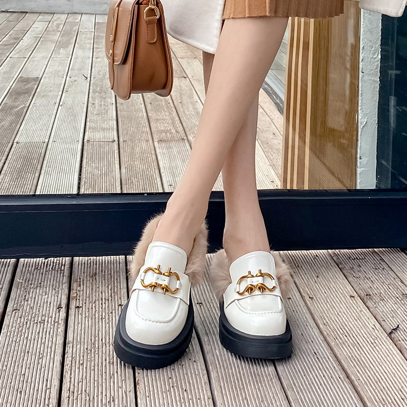 Zayda Genuine Leather Platform Chunky Mules with Fur Newgew