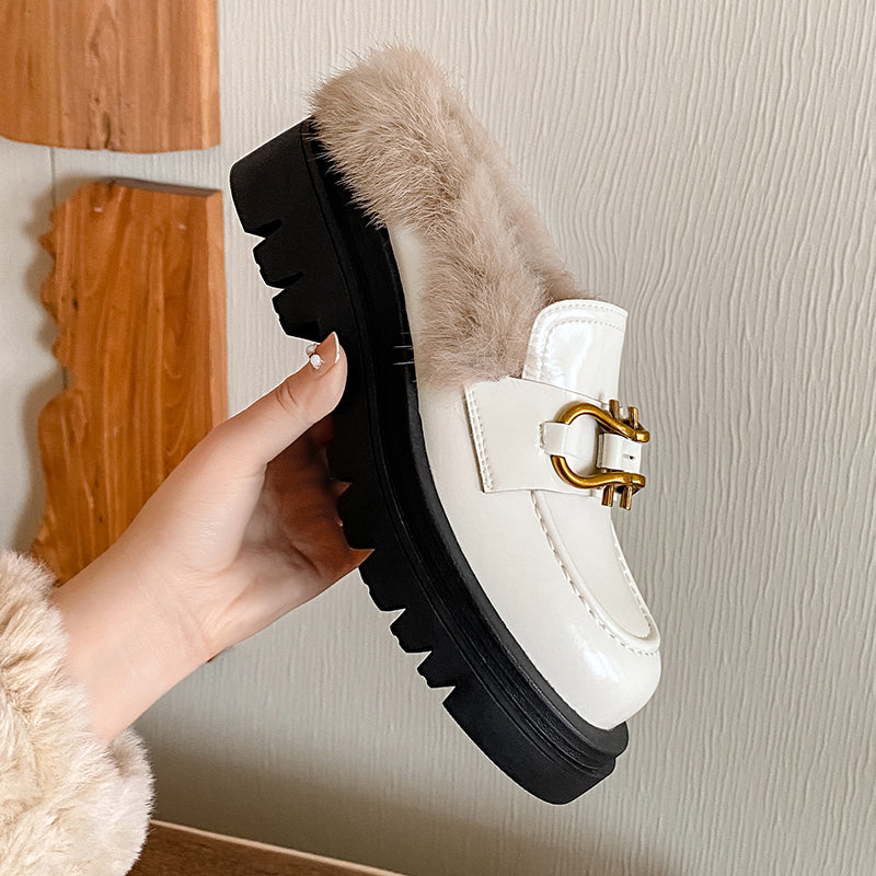 Zayda Genuine Leather Platform Chunky Mules with Fur Newgew