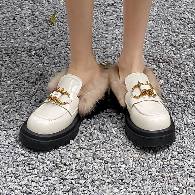 Zayda Genuine Leather Platform Chunky Mules with Fur Newgew