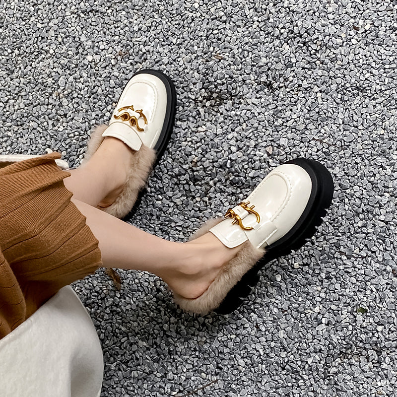 Zayda Genuine Leather Platform Chunky Mules with Fur Newgew