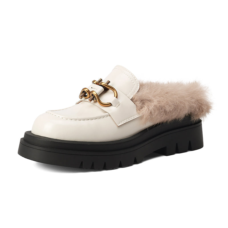 Zayda Genuine Leather Platform Chunky Mules with Fur Newgew
