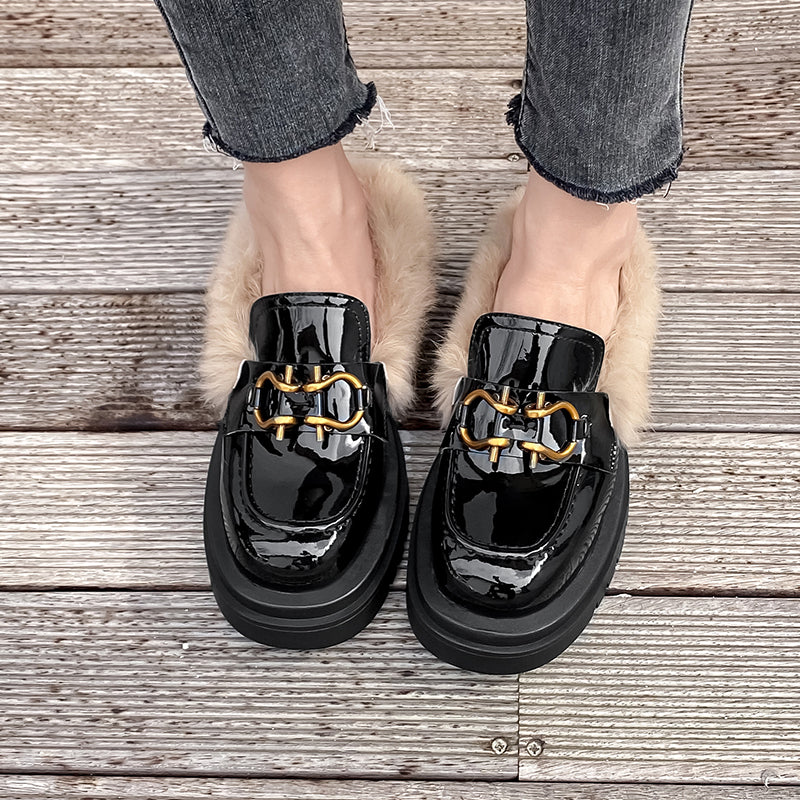 Zayda Genuine Leather Platform Chunky Mules with Fur Newgew