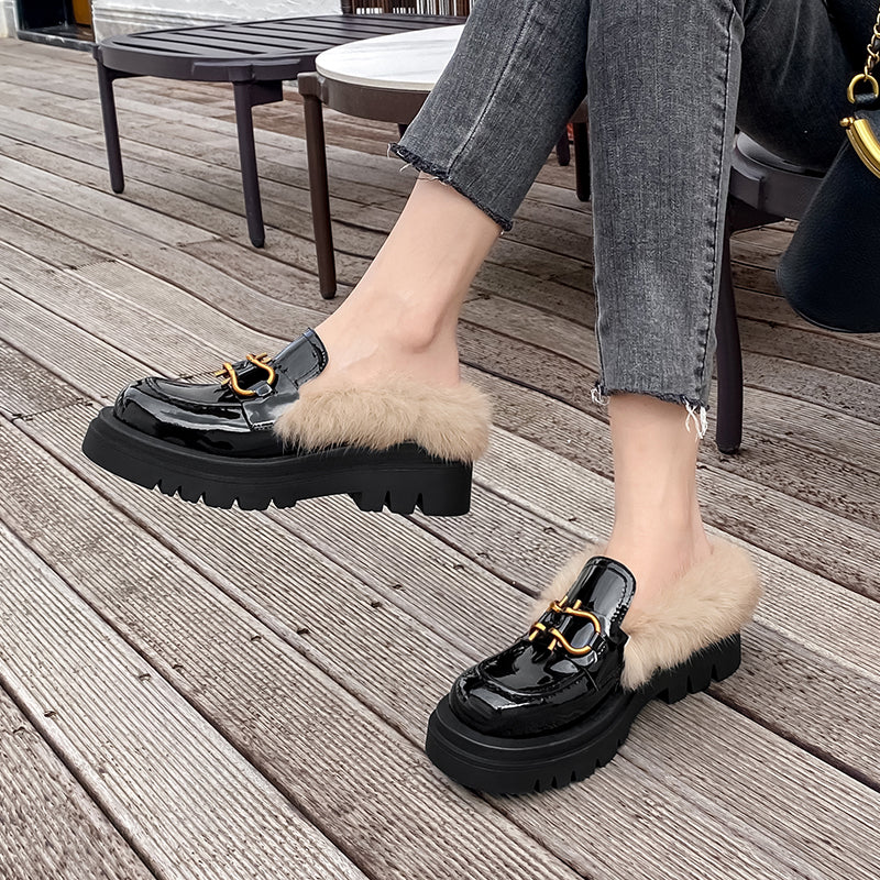 Zayda Genuine Leather Platform Chunky Mules with Fur Newgew