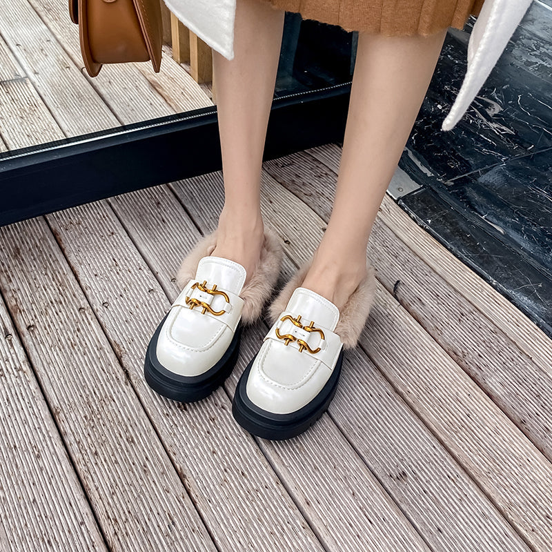 Zayda Genuine Leather Platform Chunky Mules with Fur Newgew