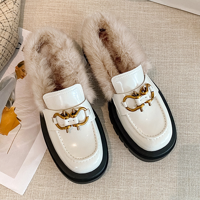 Zayda Genuine Leather Platform Chunky Mules with Fur Newgew