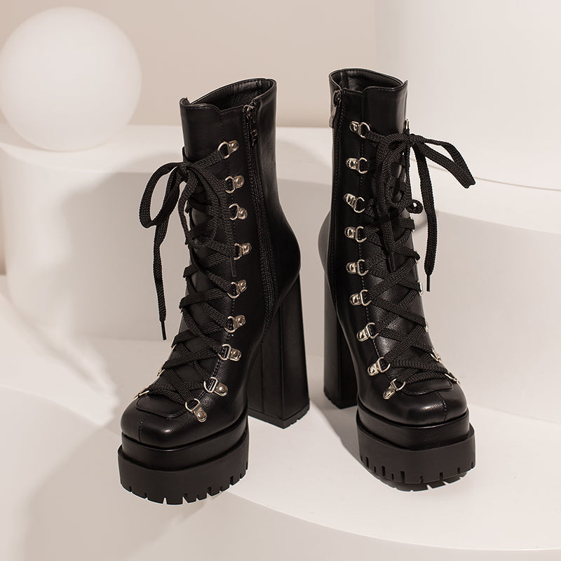 Fay Lace up Black Platform Ankle Boots Newgew