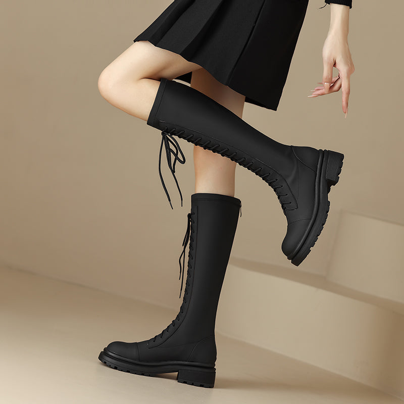 Hawa Black Knee High Lace up Combat Boots Newgew
