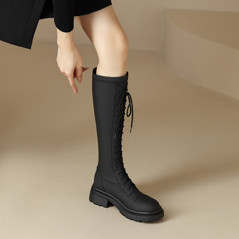 Hawa Black Knee High Lace up Combat Boots Newgew