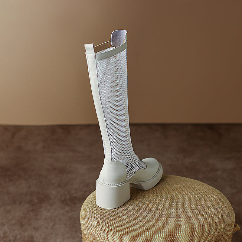 White Mesh Knee High Boots with Heels Newgew