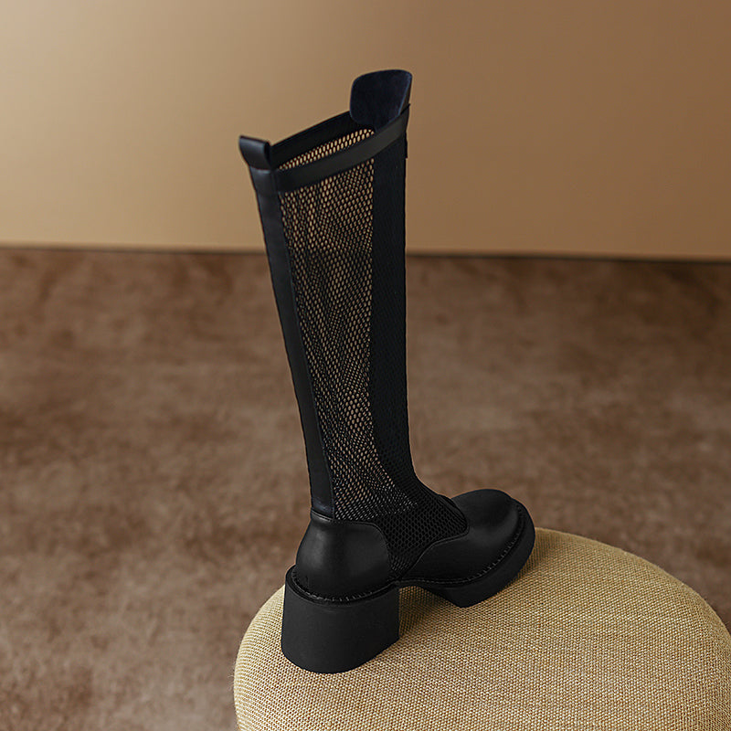 Evie Black Mesh Knee High Boots with Heels NEW GEW