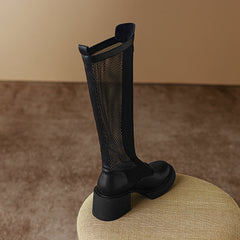 Evie Black Mesh Knee High Boots with Heels NEW GEW