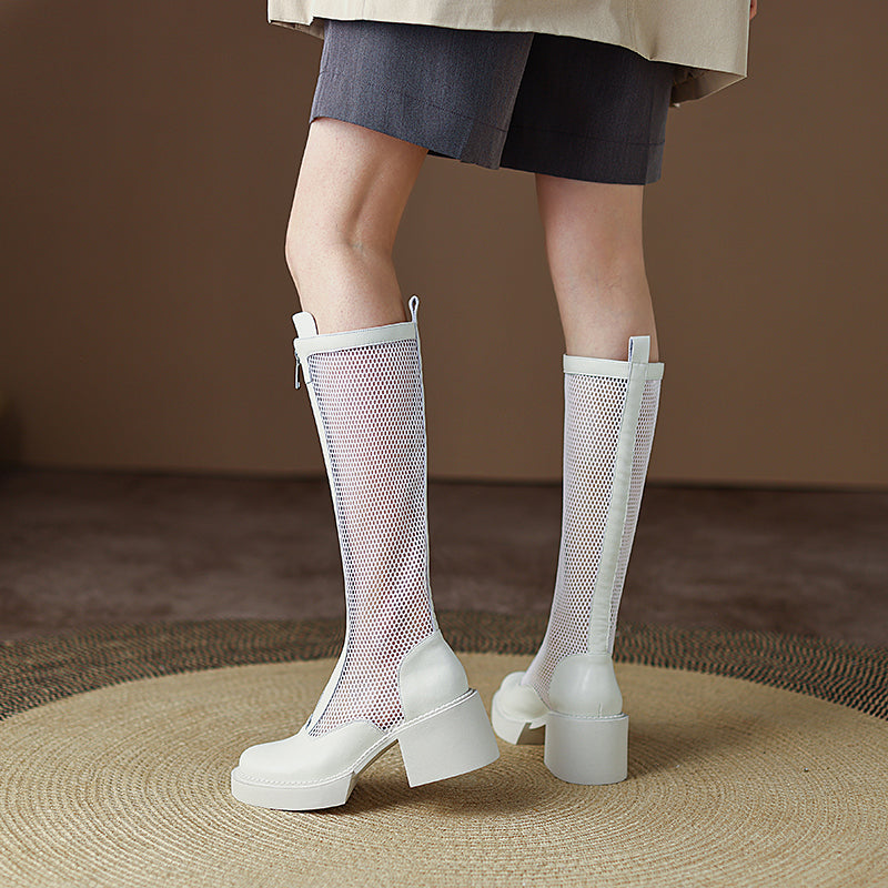 White Mesh Knee High Boots with Heels Newgew