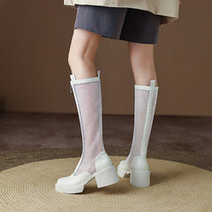 White Mesh Knee High Boots with Heels Newgew