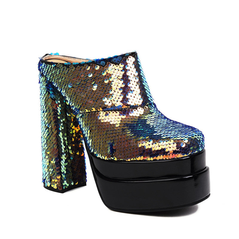 Everleigh Sequin Platform High Chunky Heel Mules NEW GEW