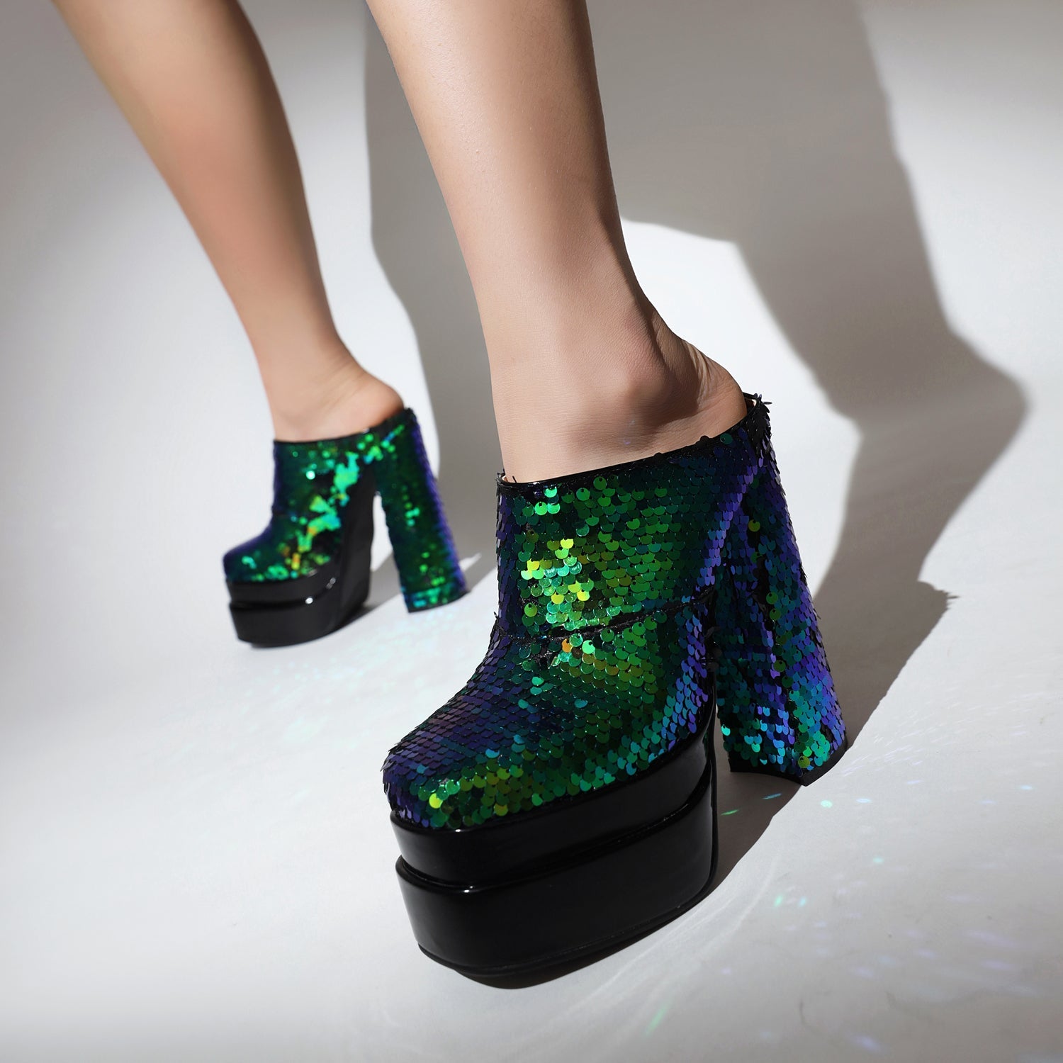 Everleigh Sequin Platform High Chunky Heel Mules NEW GEW
