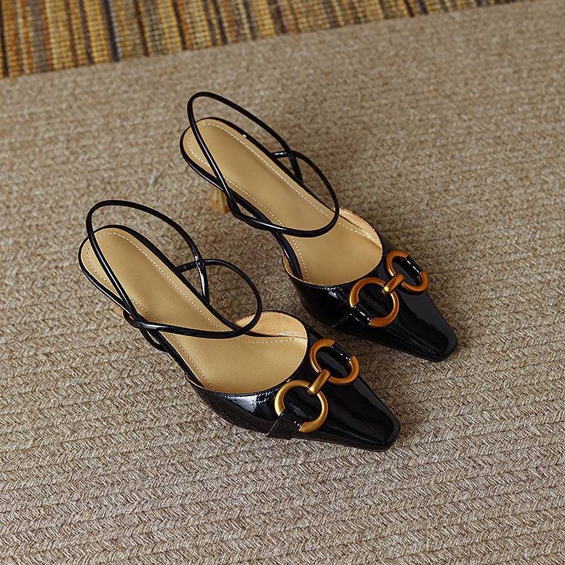 Fiona Black Kitten Heels with Gold Chain Newgew