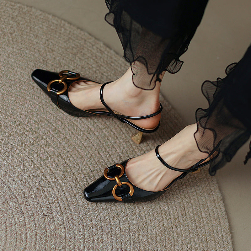 Fiona Black Kitten Heels with Gold Chain Newgew