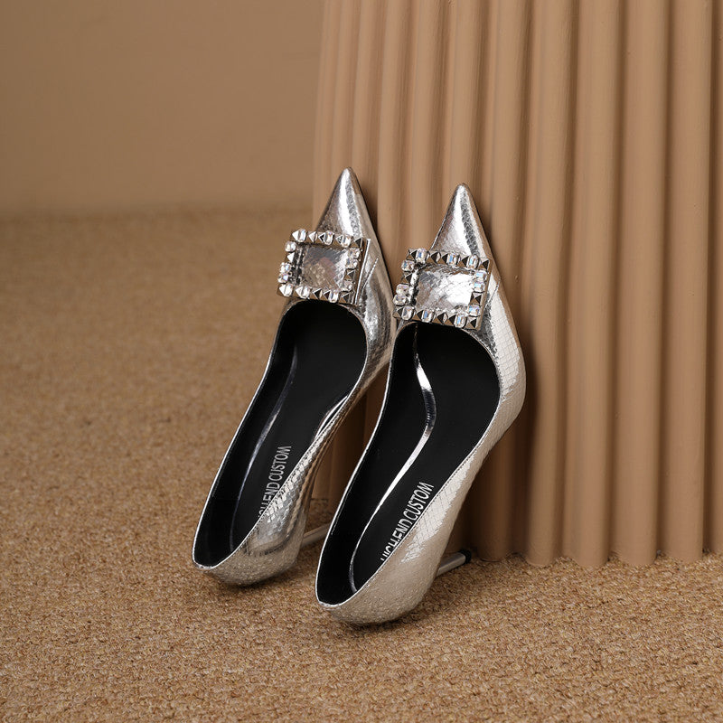 Macie Snakeskin Silver Heels with Rhinestones newgew