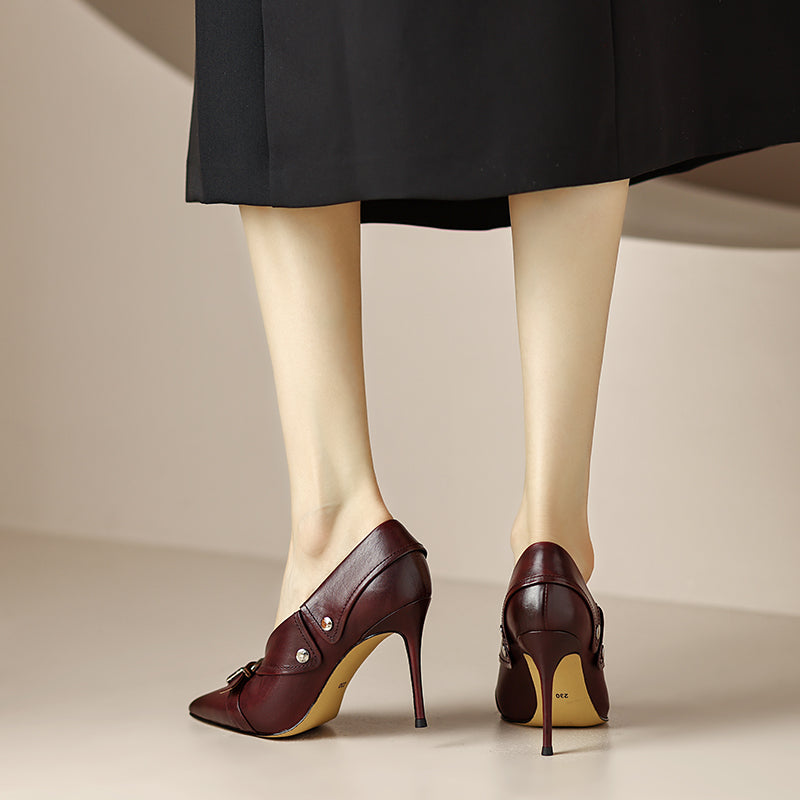 Molly Luxury Buckle Strap Heels Burgundy newgew