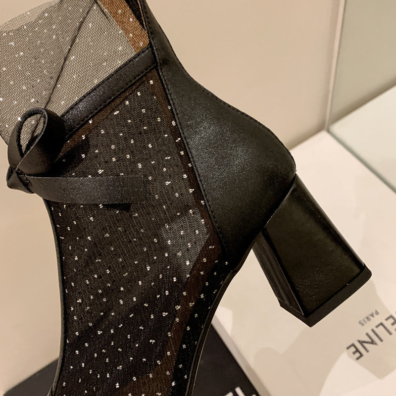 Dianna Chunky Heel Mesh Ankle Boots with Bow NEW GEW