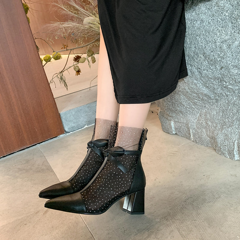 Dianna Chunky Heel Mesh Ankle Boots with Bow NEW GEW