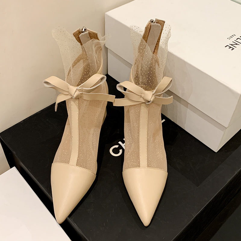 Dianna Chunky Heel Mesh Ankle Boots with Bow NEW GEW