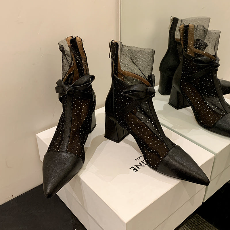 Dianna Chunky Heel Mesh Ankle Boots with Bow NEW GEW