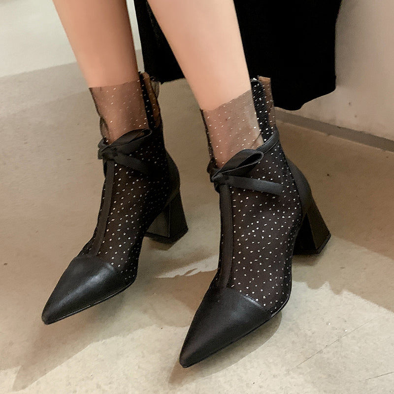 Dianna Chunky Heel Mesh Ankle Boots with Bow NEW GEW