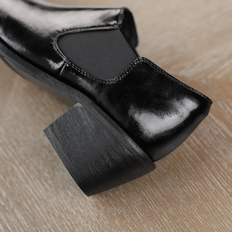 Harleen Retro Pointy Toe Genuine Leather Chunky Heel Handmade Pumps Newgew